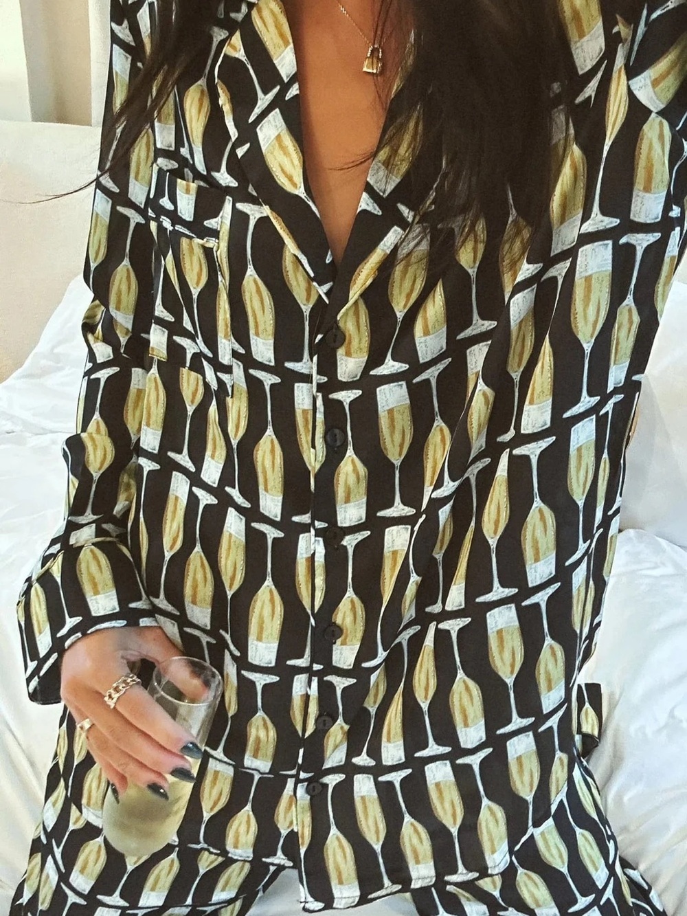 Show Me Your Mumu Satin Champagne Glass Print Pajama Set - Black & Gold